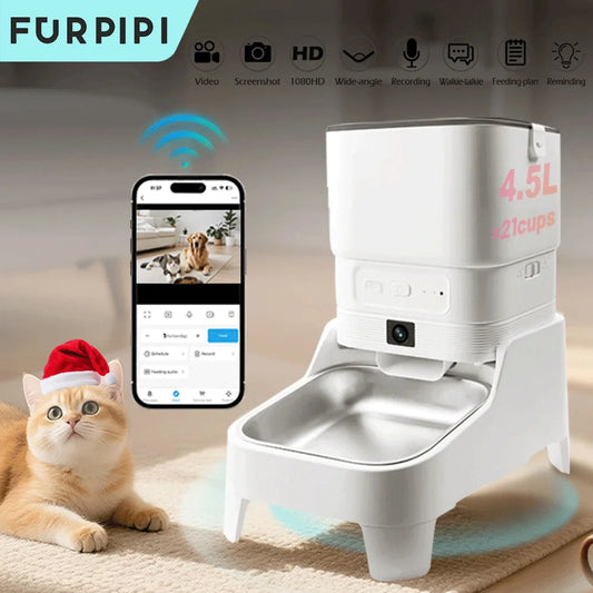 Smart Automatic Pet Feeder with 1080P HD Camera 15cm Elevated 5G WiFi Tuya APP Furpipi Control Automatic Cat Dog Food Dispenser